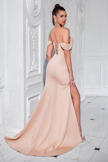 Blush Off The Shoulder Satynowa Osłona Długa Gorset Sukienka Na Studniówkę Z Rozcięciem